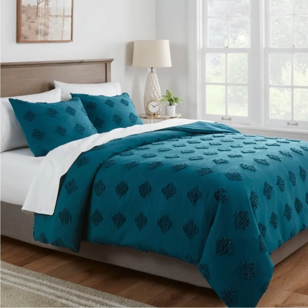 THRESHOLD NWT tufted diamond crinkle duvet cover & sham set -dark teal blue -f/q